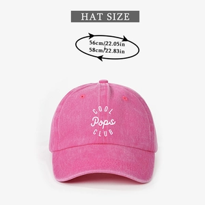 Detail showing hat size measurements and COOL Pops CLUB embroidery on a pink baseball cap