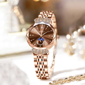Montre à quartz luxe rose doré pour femme avec cadran dégradé brun et cristaux