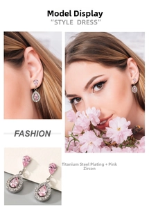 Detail of pink pear-cut zircon earrings with micro-pave crystals on stainless steel
