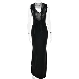 Detail of elegant black backless dress showing deep V-neckline and bow tie decoration
