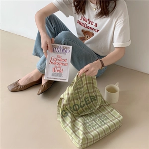 Minimalist green plaid canvas tote bag with 'GROCERY' print and vegetable list for women
