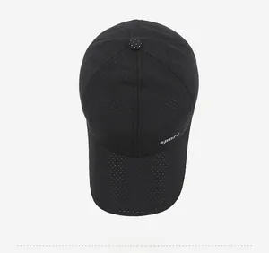 Macro view of breathable mesh fabric and sport logo detail on black baseball cap