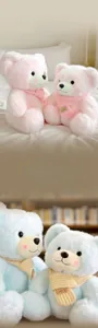 Close-up of cute plush bears in pink and blue featuring smile scarves and soft textures