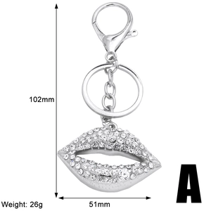 Détails du porte-clés lèvres avec strass montrant les dimensions de 102mm de haut