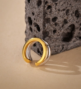 Detail shot of a dual-tone gold and silver C-shaped ear cuff on a textured rock