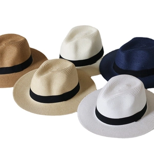 Set of wide brim straw Panama jazz hats in five colors with black ribbons for sun protection