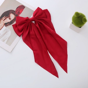 Elegant red satin double-layered bow hair clip with long ribbon streamers for women