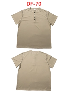 Detail view of khaki Henley shirt featuring a four-button placket and waffle texture