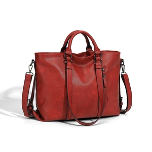 Deep red soft leather tote bag with large capacity and adjustable shoulder strap
