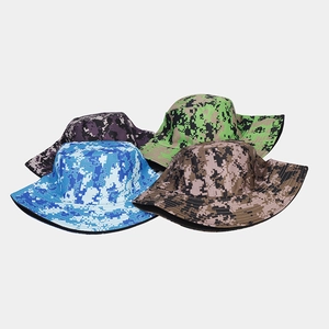 Detailed view of digital camouflage bucket hats in multiple colors for outdoor sun protection