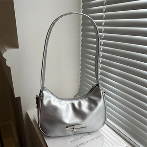 Women Underarm Crescent Bag Metallic PU Leather Solid Color Zip Shoulder Bag Fashion Casual
