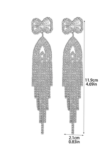 Detail showing bow knot earrings with long tassels and zircon fringe length measurements