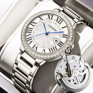 Skeleton mechanical watch for men with silver stainless steel and diamond-set bezel