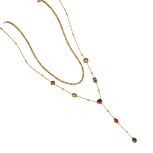 Double-layered gold Y-necklace featuring colorful multi-shaped gemstones and beads