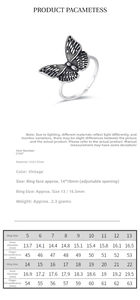 Detailed size chart for the adjustable 925 sterling silver butterfly ring for women