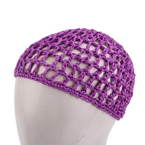Close-up of the purple crochet hair net featuring a dense diamond mesh structure