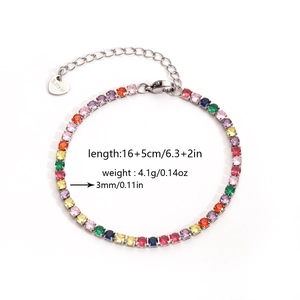 Adjustable stainless steel tennis bracelet with colorful round-cut cubic zirconia stones