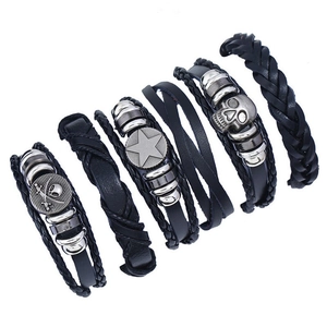 Set of 6 vintage braided black leather bracelets with skull and star metal charms
