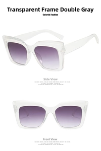 Detail view of cat eye sunglasses with transparent PC frames and purple gradient lenses