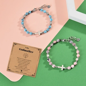 Bracelet en perles d'améthyste 6mm avec croix en acier et carte cadeau marraine