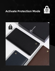 Business men's long wallets in black and navy showing RFID protection leather texture