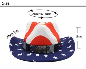 Detailed size chart for the USA flag cowboy hat showing head circumference and brim dimensions