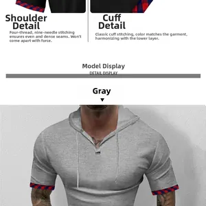Detail of grey waffle knit hooded t-shirt showing plaid cuffs and shoulder stitching