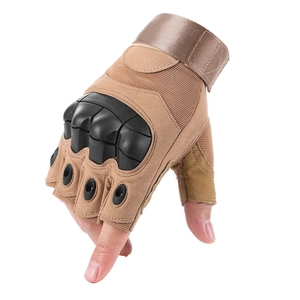 Detail of khaki tactical half-finger gloves with hard shell protection and palm grip