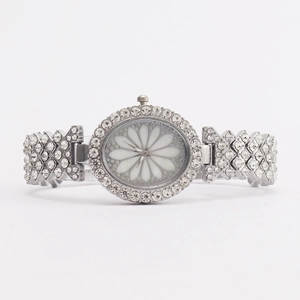 Fashion silver women watch with floral dial and luxury rhinestone crystal inlay