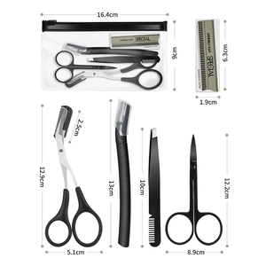 Detailed size specifications for the 4-piece stainless steel eyebrow grooming set in a pouch