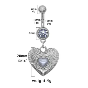 Detailed size chart for heart belly button ring showing bar thickness and pendant width