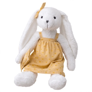 White long-eared plush rabbit in a yellow plaid heart-print dress and bow accessory