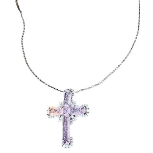 Silver cross pendant necklace with pink purple gradient zircon and fine chain