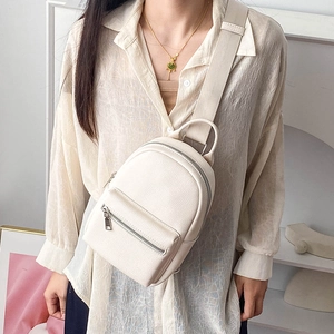 Ivory white lychee pattern leather mini crossbody chest bag with silver zippers for women