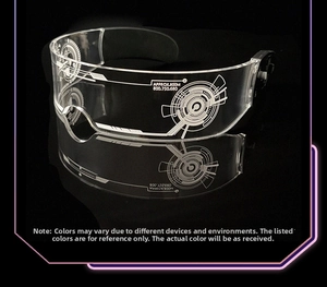 Detail view of transparent cyberpunk LED glasses with white tech patterns and reflections