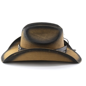 Detail of western cowboy hat featuring brown gradient finish and leather studded band