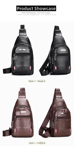 Detail view of premium leather men's chest bags in black and coffee with multi-zipper slots