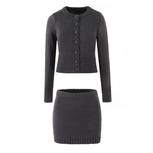 Women's two-piece knitted set with dark grey cardigan and slim-fit mini skirt