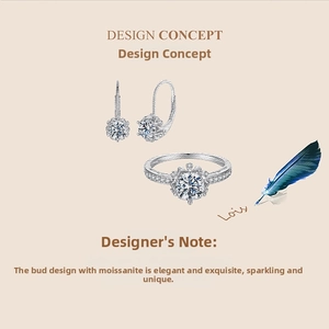 Macro detail of Moissanite jewelry set with floral design ring and stud earrings