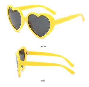 Detail view of heart-shaped sunglasses showing 45-degree angle and back temple design