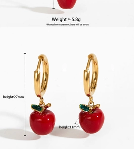 Detail view showing dimensions of red enamel apple earrings with gold finish and green leaves