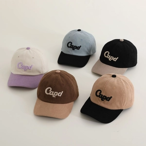 Kids Baseball Cap Corduroy Embroidered Letters Color Block Adjustable Curved Brim Retro Casual Autumn Winter Hat