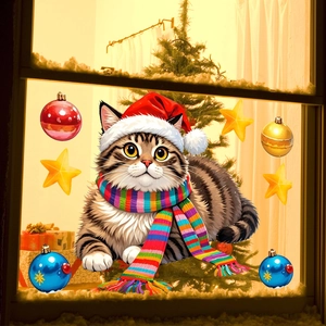 Close-up of Christmas window decal with hand-drawn tabby cat wearing a red holiday hat