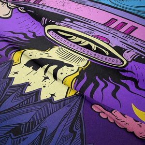 Detail shot of colorful anime tapestry fabric showing soft flannel texture and vivid prints