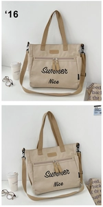 Detail of beige canvas tote bag with Summer Nice embroidery and dual zipper closure