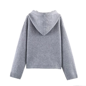 Women's grey hooded knit sweater with star jacquard and ribbed cuffs back view