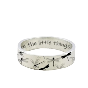 Silver dragonfly ring engraved with Appreciate the Little Things on the inner band