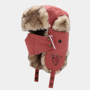 Winter aviator hat with mask in red fabric and faux fur lining for windproof protection