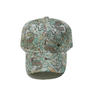 Ethnic style baseball cap with traditional jacquard cloud patterns in teal and gold