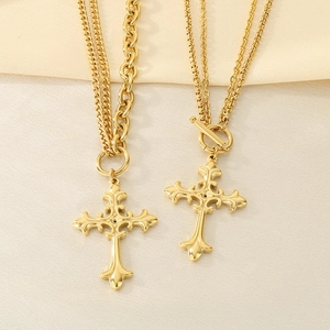 Stainless Steel Cross Pendant Necklace Vintage Splicing Chain Toggle Clasp Layered Punk Style Fashion Jewelry For Men Women